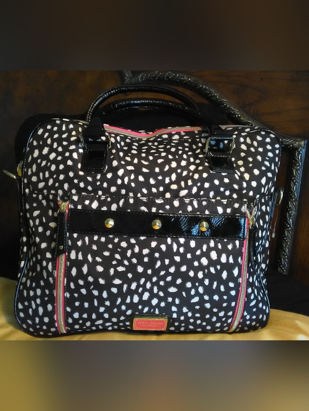 LK. NEW BETSEY JOHNSON LAPTOP BAG Black & White Spotted & PINK TRIM GRAFFITI